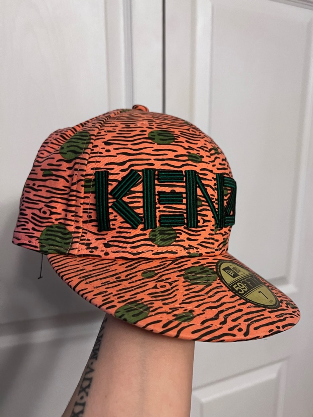 Kenzo  Coral Orange Cap with Green Logo Accents